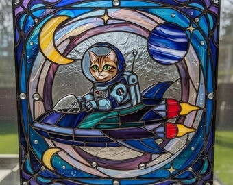 Customized 8'' Pet Portrait Cat Flying UFO Alien Spaceship Stained Glass Suncatcher Window Panel