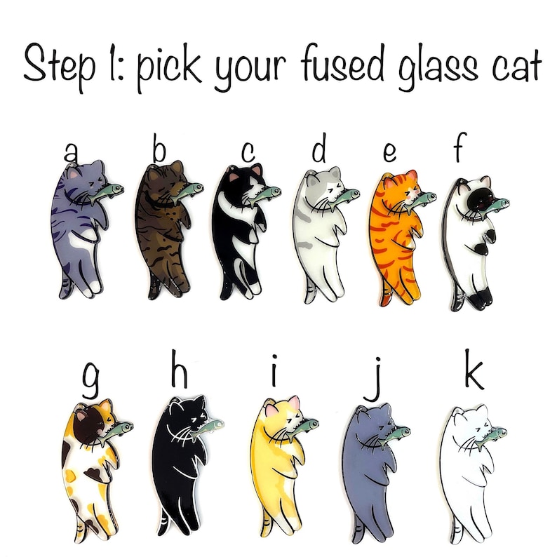 May include: Step 1: pick your fused glass cat.  A set of 11 fused glass cat figurines, each holding a fish. The cats are in various colors and patterns, including purple, brown, black, white, orange, yellow, and spotted.