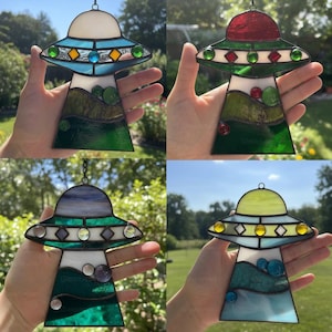 Custom Stained Glass Cat UFO Spaceship Suncatcher: Feline Alien Encounter Mobile image 12