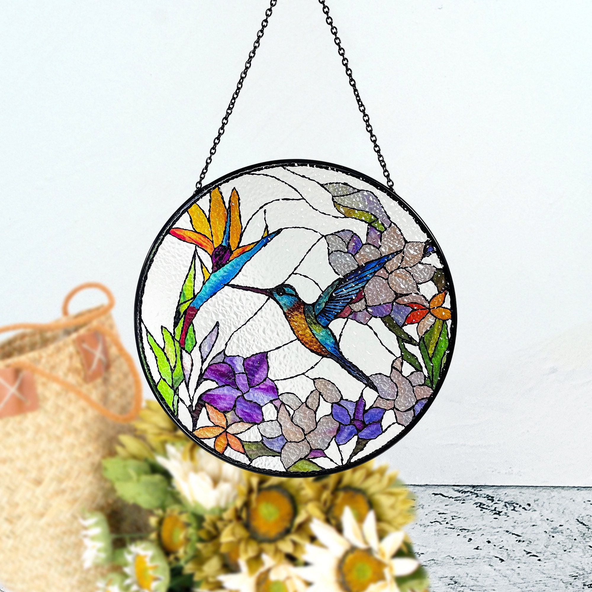 Hummingbird & Bird of Paradise Stained Glass Suncatcher: Tropical Decor ...