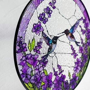 Hummingbirds Among Lavender Flowers Stained Glass Suncatcher, Wall Art, Window Hanging, Indoor Decor, Gifts for Women, Sun Catcher image 5