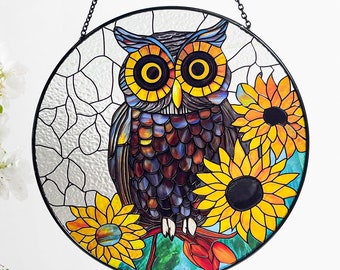 Owl and Sunflowers Stained Glass Suncatcher, Gifts for Women, Wall Art, Window Hanging, Indoor Decor, Sun Catcher
