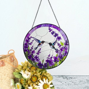 Hummingbirds Among Lavender Flowers Stained Glass Suncatcher, Wall Art, Window Hanging, Indoor Decor, Gifts for Women, Sun Catcher image 7