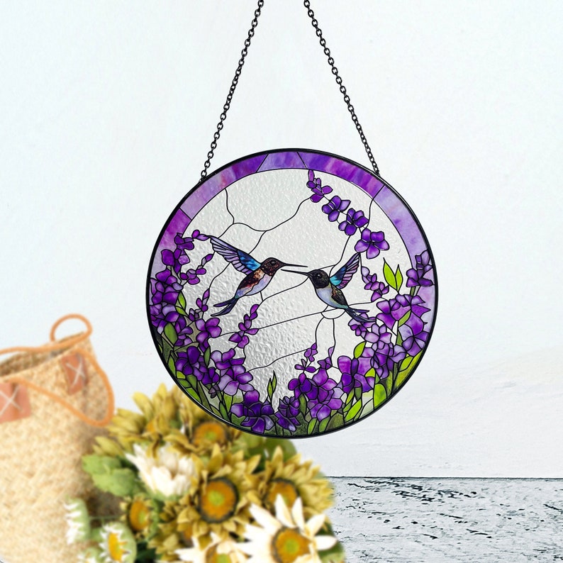 Hummingbirds Among Lavender Flowers Stained Glass Suncatcher, Wall Art, Window Hanging, Indoor Decor, Gifts for Women, Sun Catcher image 7