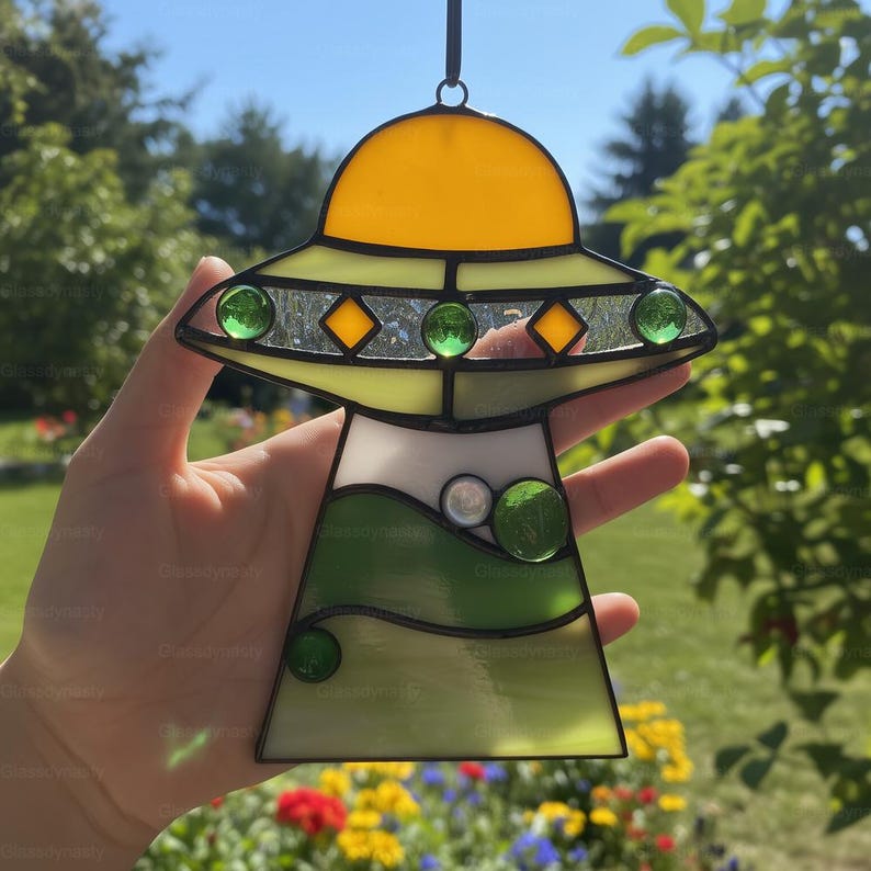 Custom Stained Glass Cat UFO Spaceship Suncatcher: Feline Alien Encounter Mobile image 5