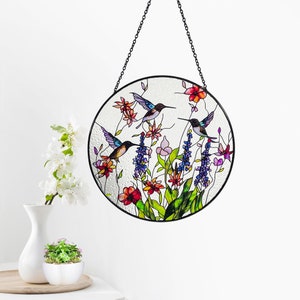 Hummingbirds and Wild Flowers Stained Glass Suncatcher, Indoor Decor, Window Hanging, Wall Art, Gifts for Women, Sun Catcher image 3