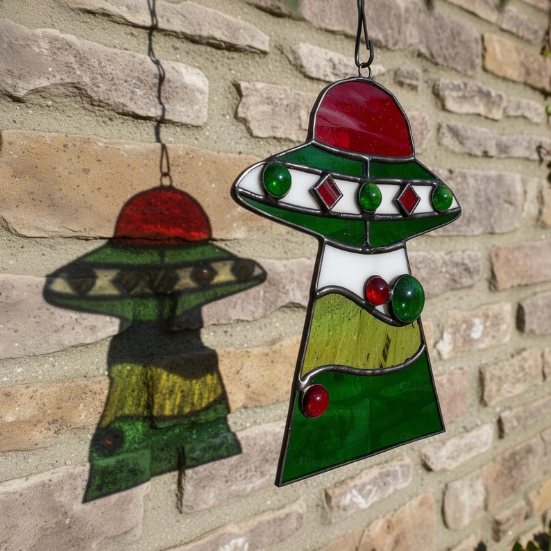 Custom Stained Glass Cat UFO Spaceship Suncatcher: Feline Alien Encounter Mobile image 4