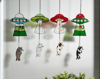 Custom Stained Glass Cat UFO Spaceship Suncatcher: Pressed Flower Alien Encounter Mobile