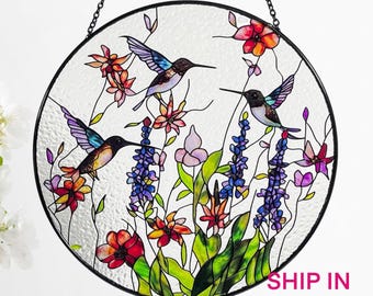 Hummingbirds and Wild Flowers Stained Glass Suncatcher, Indoor Decor, Window Hanging, Wall Art, Gifts for Women, Sun Catcher