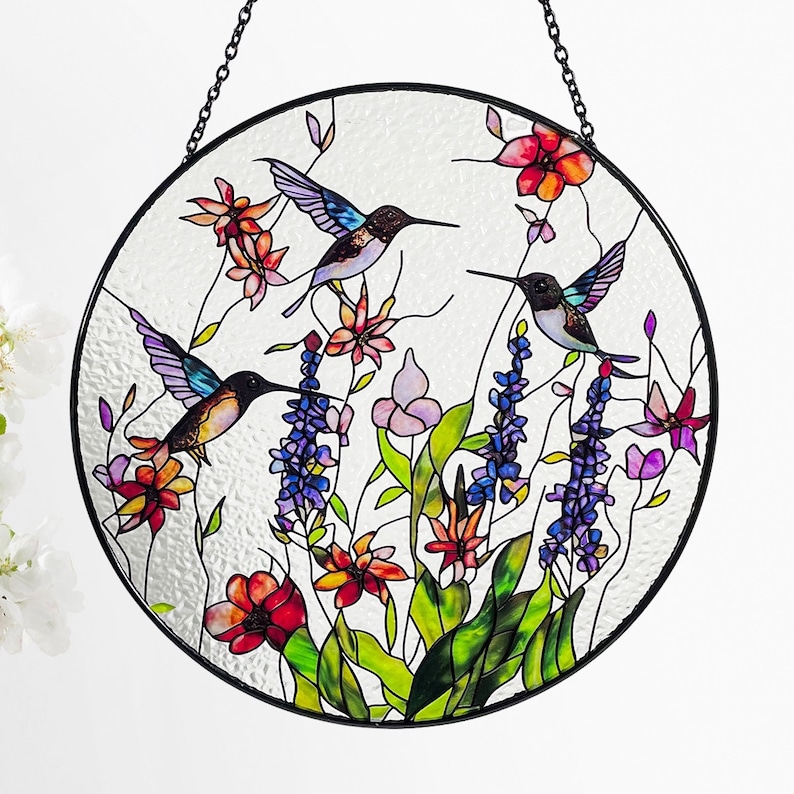 Hummingbirds and Wild Flowers Stained Glass Suncatcher, Indoor Decor, Window Hanging, Wall Art, Gifts for Women, Sun Catcher image 1