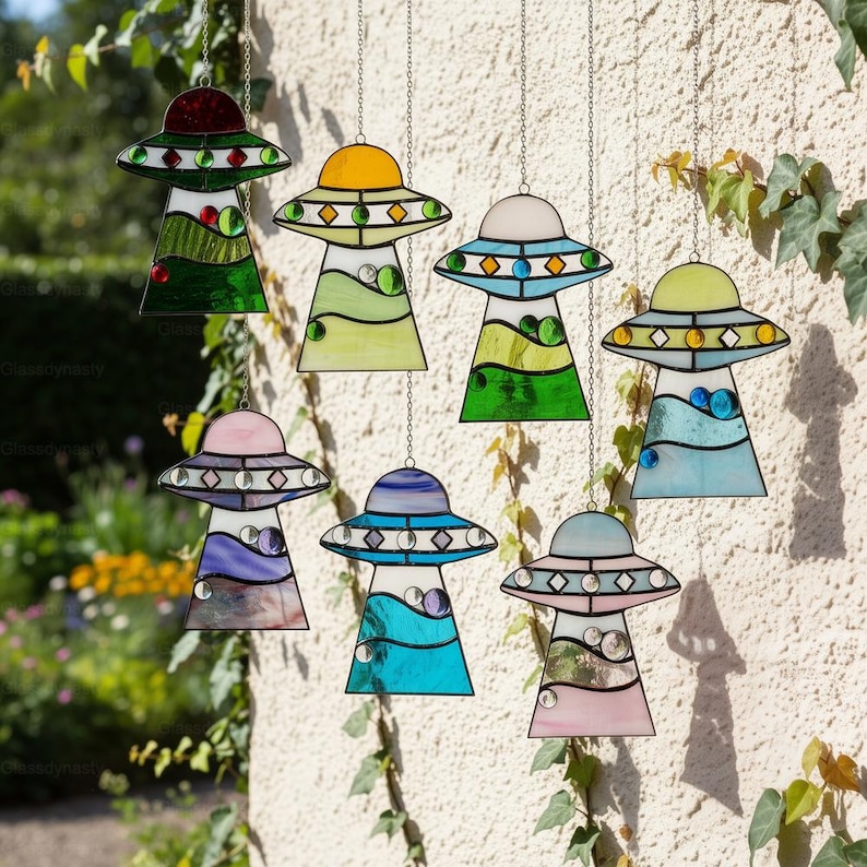 Custom Stained Glass Cat UFO Spaceship Suncatcher: Feline Alien Encounter Mobile image 2