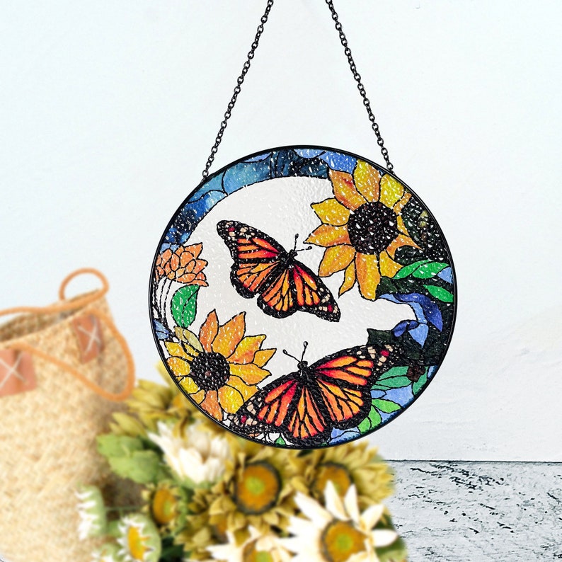 Monarch Butterflies and Sunflowers Stained Glass Suncatcher, Beautiful Sun Catcher, Gifts for Women, Window Hanging, Indoor Decor, Butterfly image 6