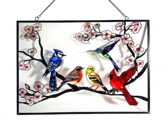 Attrape-soleil, grands oiseaux sur une branche, vitrail, cadeaux, cardinal, colibri, rouge-gorge, geai bleu, chardonneret, nature, attrape-soleil