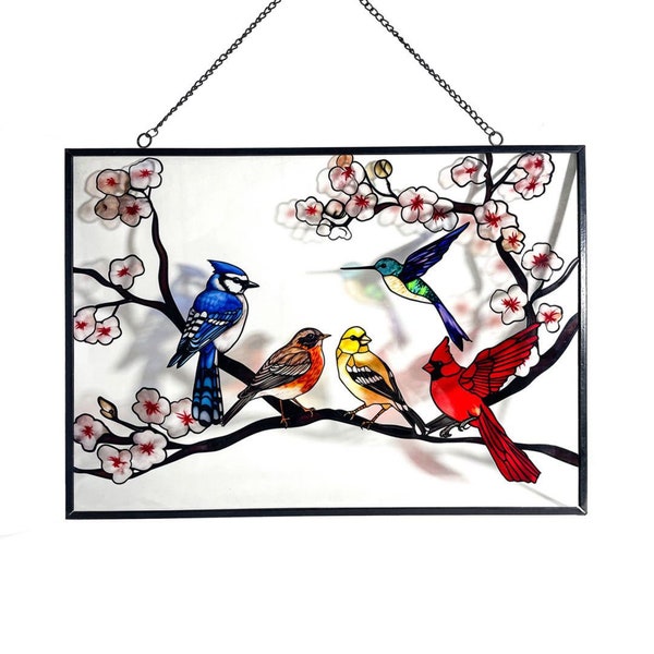 Large Birds on a Branch Stained Glass Suncatcher, Gifts, Cardinal, Hummingbird, Robin, Blue Jay, Goldfinch, Nature, Sun Catcher