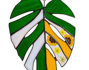 Yellow Monstera Leaf Stained Glass Pressed Flower Window Hanging Suncatcher