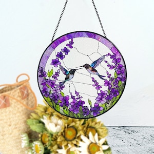 Hummingbirds Among Lavender Flowers Stained Glass Suncatcher, Wall Art, Window Hanging, Indoor Decor, Gifts for Women, Sun Catcher image 6