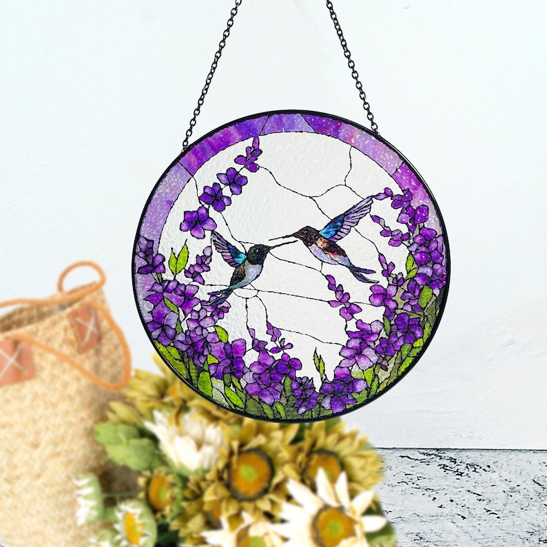 Hummingbirds Among Lavender Flowers Stained Glass Suncatcher, Wall Art, Window Hanging, Indoor Decor, Gifts for Women, Sun Catcher image 6