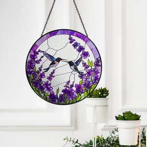 Hummingbirds Among Lavender Flowers Stained Glass Suncatcher, Wall Art, Window Hanging, Indoor Decor, Gifts for Women, Sun Catcher image 4