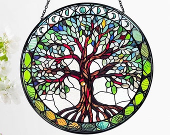Attrape-soleil arbre de vie en vitrail avec phases de lune, cadeaux, art mural, suspension de fenêtre, décoration d'intérieur, attrape-soleil
