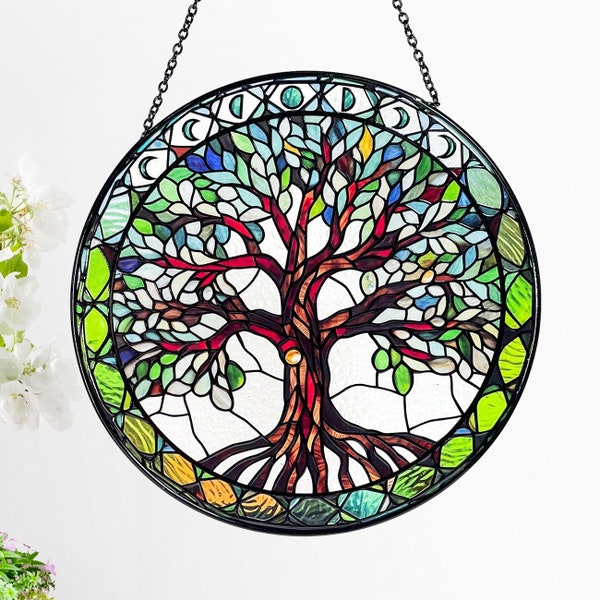 Tree of Life Stained Glass Suncatcher with Moon Phases, Gifts, Wall Art, Window Hanging, Indoor Decor, Sun Catcher