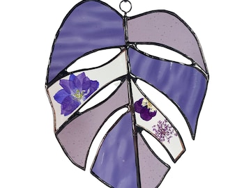 Purple Monstera Leaf Stained Glass Pressed Flower Window Hanging Suncatcher