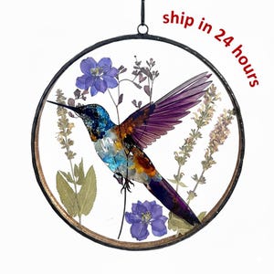 Stained Glass Hummingbird Suncatcher: Real Pressed Flowers, Nature Wall Art