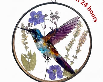 Stained Glass Hummingbird Suncatcher: Real Pressed Flowers, Nature Wall Art