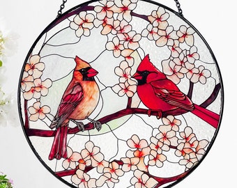 Male and Female Cardinal Lovebirds in Moonlight Stained Glass Suncatcher, Gifts for Women, Window Hanging, Indoor Decor, Sun Catcher, Birds