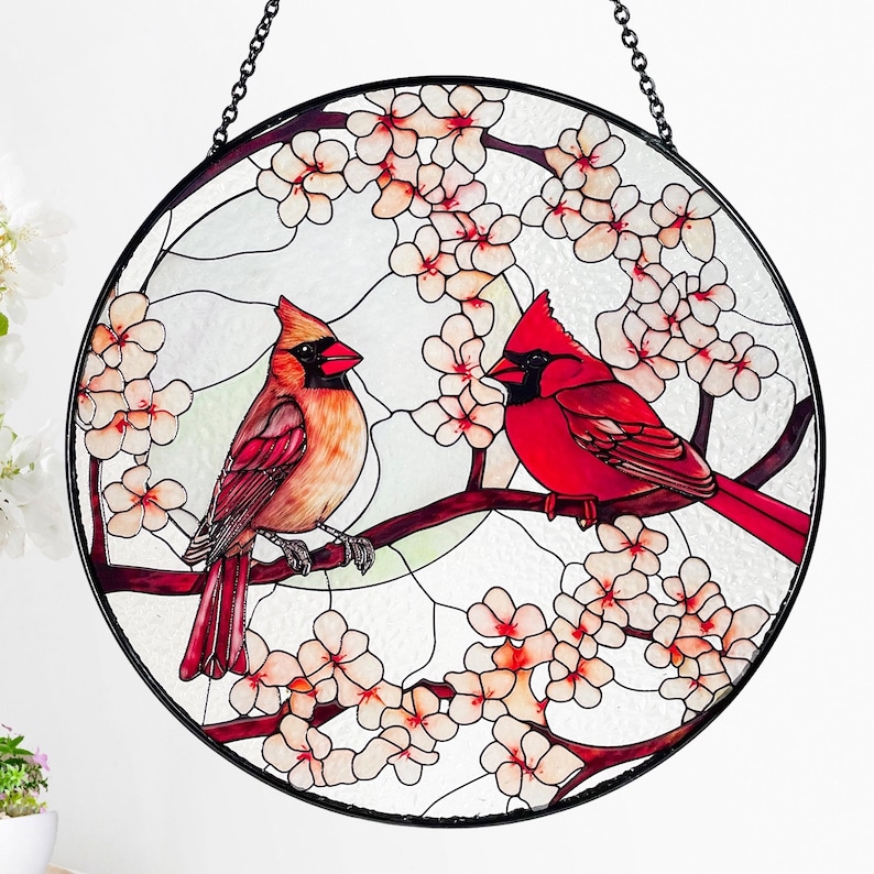 Male and Female Cardinal Lovebirds in Moonlight Stained Glass Suncatcher, Gifts for Women, Window Hanging, Indoor Decor, Sun Catcher, Birds image 1