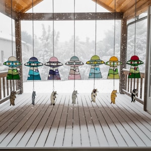 Custom Stained Glass Cat UFO Spaceship Suncatcher: Feline Alien Encounter Mobile image 17