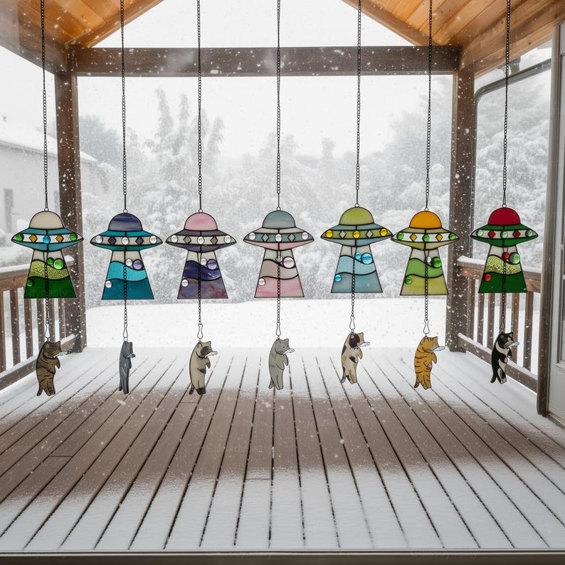 Custom Stained Glass Cat UFO Spaceship Suncatcher: Feline Alien Encounter Mobile image 17