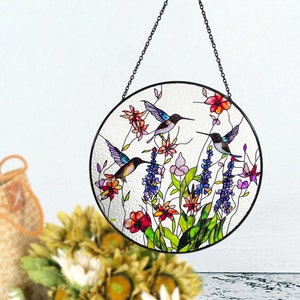 Hummingbirds and Wild Flowers Stained Glass Suncatcher, Indoor Decor, Window Hanging, Wall Art, Gifts for Women, Sun Catcher image 4