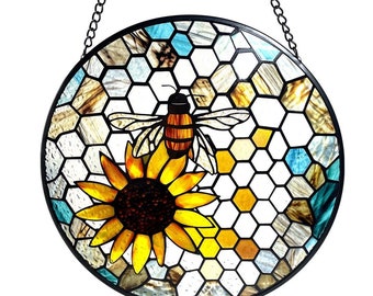 Beehive and Sunflower Stained Glass Suncatcher, Bees, Honeycomb, Gifts, Wall Art, Window Hanging, Indoor Decor, Sun Catcher