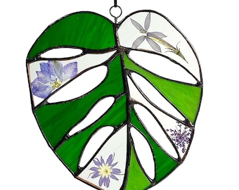 Green and Purple Monstera Leaf Stained Glass Pressed Flower Window Hanging Suncatcher