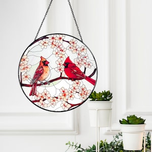 Male and Female Cardinal Lovebirds in Moonlight Stained Glass Suncatcher, Gifts for Women, Window Hanging, Indoor Decor, Sun Catcher, Birds image 4