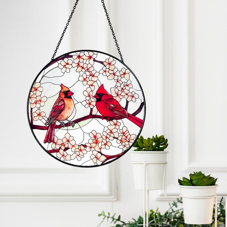 Male and Female Cardinal Lovebirds in Moonlight Stained Glass Suncatcher, Gifts for Women, Window Hanging, Indoor Decor, Sun Catcher, Birds image 4