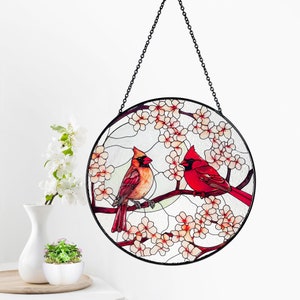 Male and Female Cardinal Lovebirds in Moonlight Stained Glass Suncatcher, Gifts for Women, Window Hanging, Indoor Decor, Sun Catcher, Birds image 3