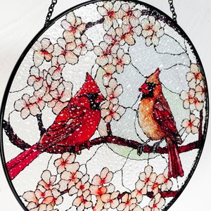 Male and Female Cardinal Lovebirds in Moonlight Stained Glass Suncatcher, Gifts for Women, Window Hanging, Indoor Decor, Sun Catcher, Birds image 6