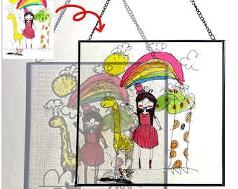 Your Child&#39;s Art Custom Stained Glass Suncatcher, Childhood Sketch, Doodles, Mothers or Parents Gifts, Window Hanging, Christmas Ornament