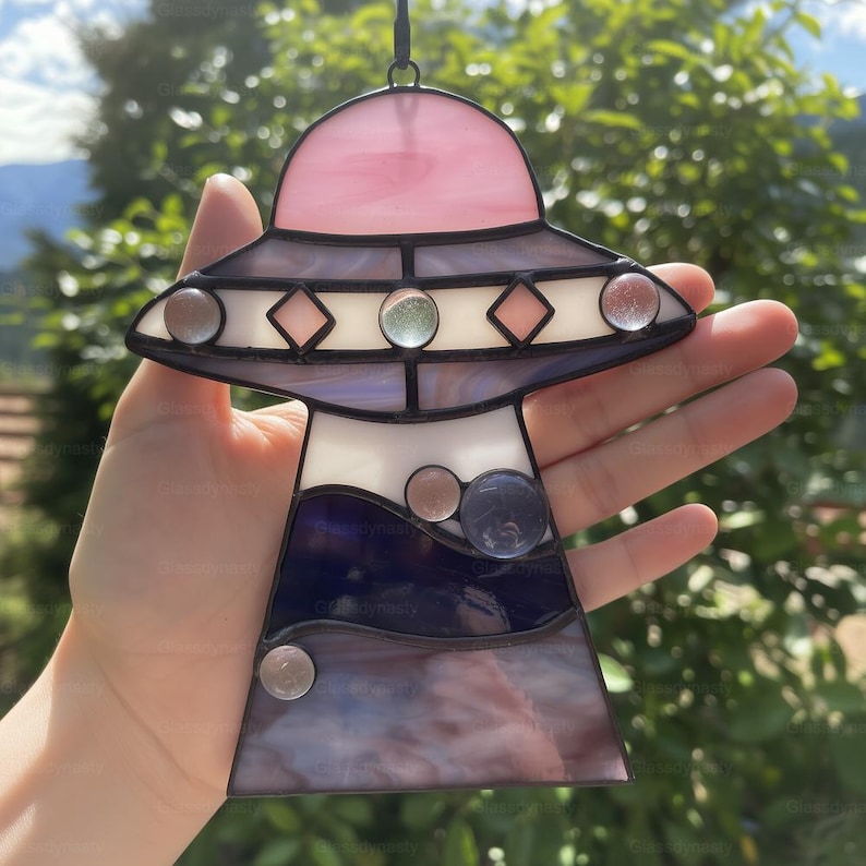 Custom Stained Glass Cat UFO Spaceship Suncatcher: Feline Alien Encounter Mobile image 14