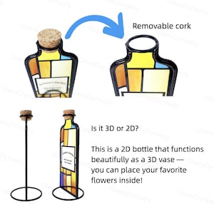 May include: A stained glass bottle with a removable cork, displayed with a black metal stand. The bottle features a colorful geometric design and the text "Jackson's Garden". It functions as a 3D vase.