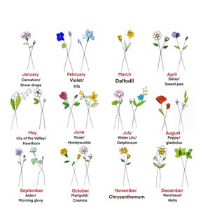 May include: A white background features a grid of 12 floral illustrations, each representing a month. Each drawing includes the month's name and the corresponding flower names, such as "January/Carnation/Snow drops."