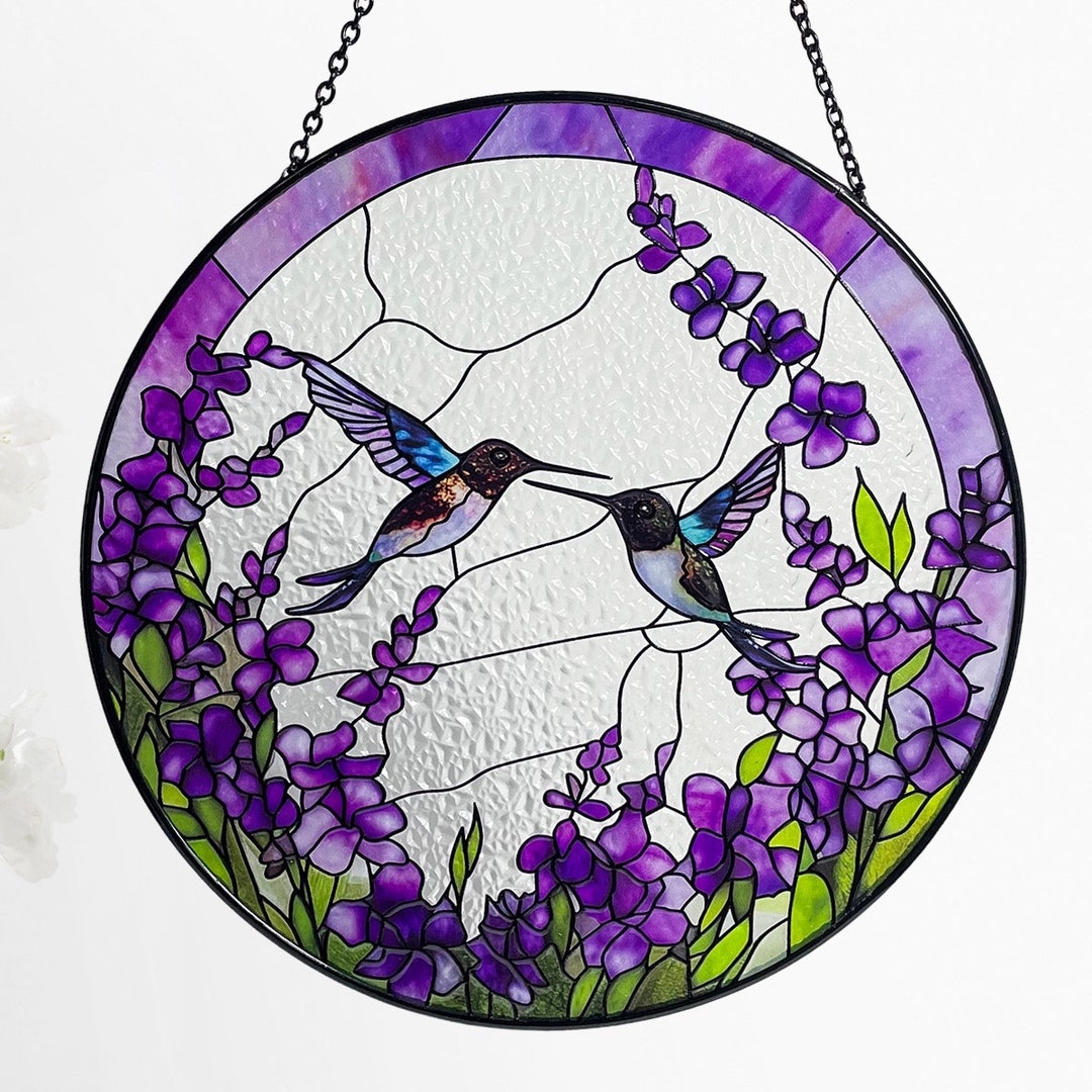 Hummingbirds Among Lavender Flowers Stained Glass Suncatcher, Wall Art