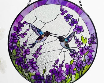 Hummingbirds Among Lavender Flowers Stained Glass Suncatcher, Wall Art, Window Hanging, Indoor Decor, Gifts for Women, Sun Catcher