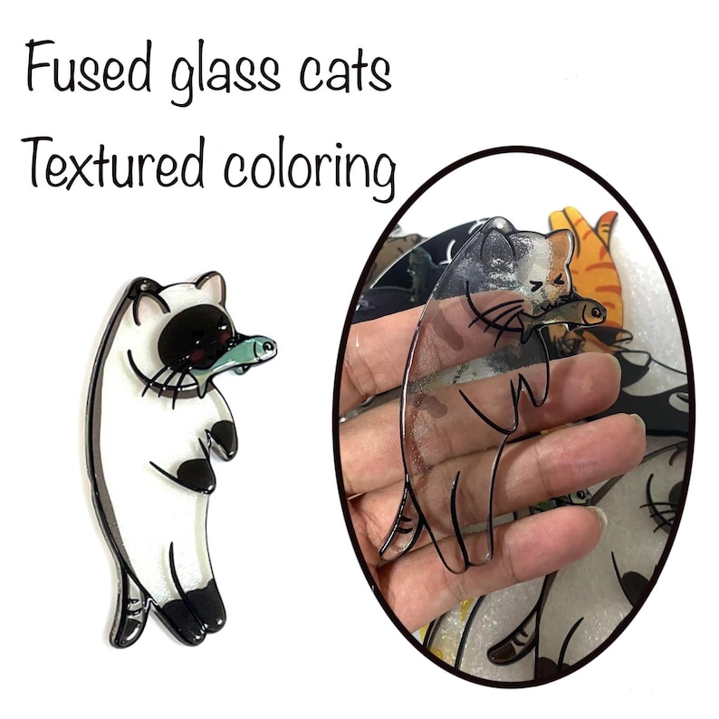May include: Fused glass cat ornaments with textured coloring. One cat is holding a fish in its mouth. The text "Fused glass cats Textured coloring" is at the top of the image.