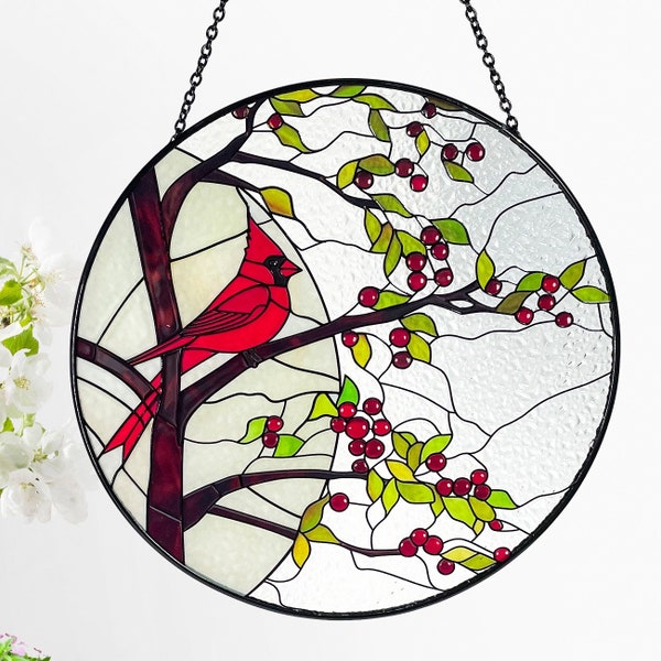 Cardinal in Full Moon Stained Glass Suncatcher, Red Berry Tree, Nature, Indoor Decor, Window Hanging, Wall Art, Gifts for Women, Sun Catcher