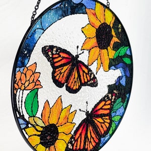 Monarch Butterflies and Sunflowers Stained Glass Suncatcher, Beautiful Sun Catcher, Gifts for Women, Window Hanging, Indoor Decor, Butterfly image 5