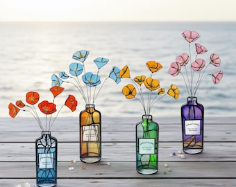 Personalisierte Buntglasflasche Vase Kalifornische Mohnblumen Blumenstrauß Sonnenfänger, maßgeschneidertes zeitgenössisches botanisches Geschenk