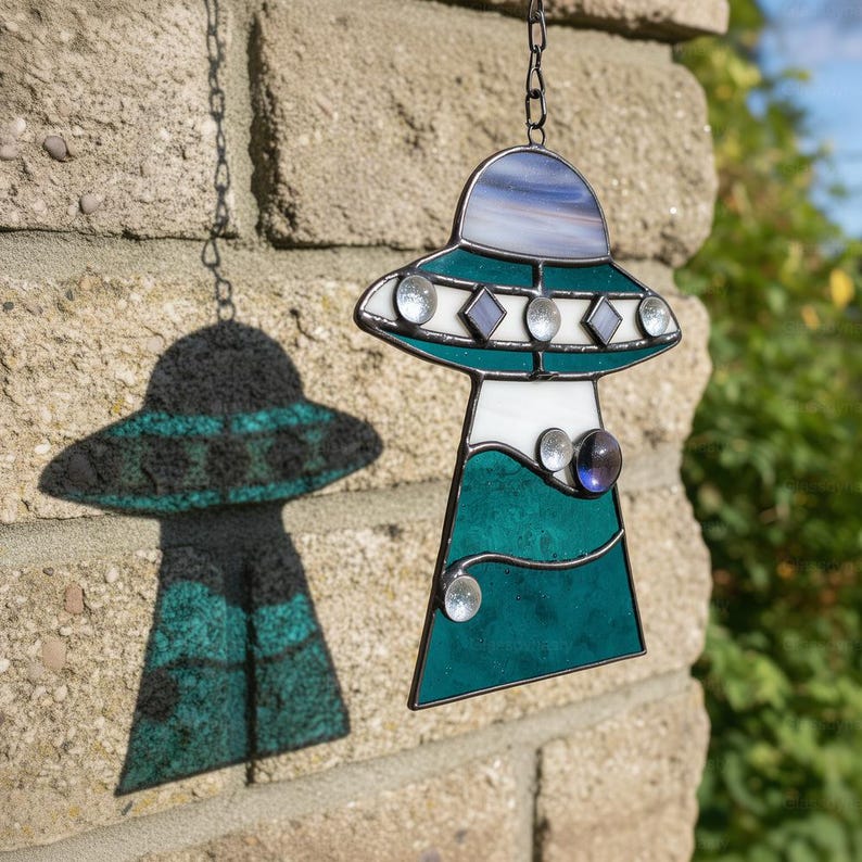 Custom Stained Glass Cat UFO Spaceship Suncatcher: Feline Alien Encounter Mobile image 16