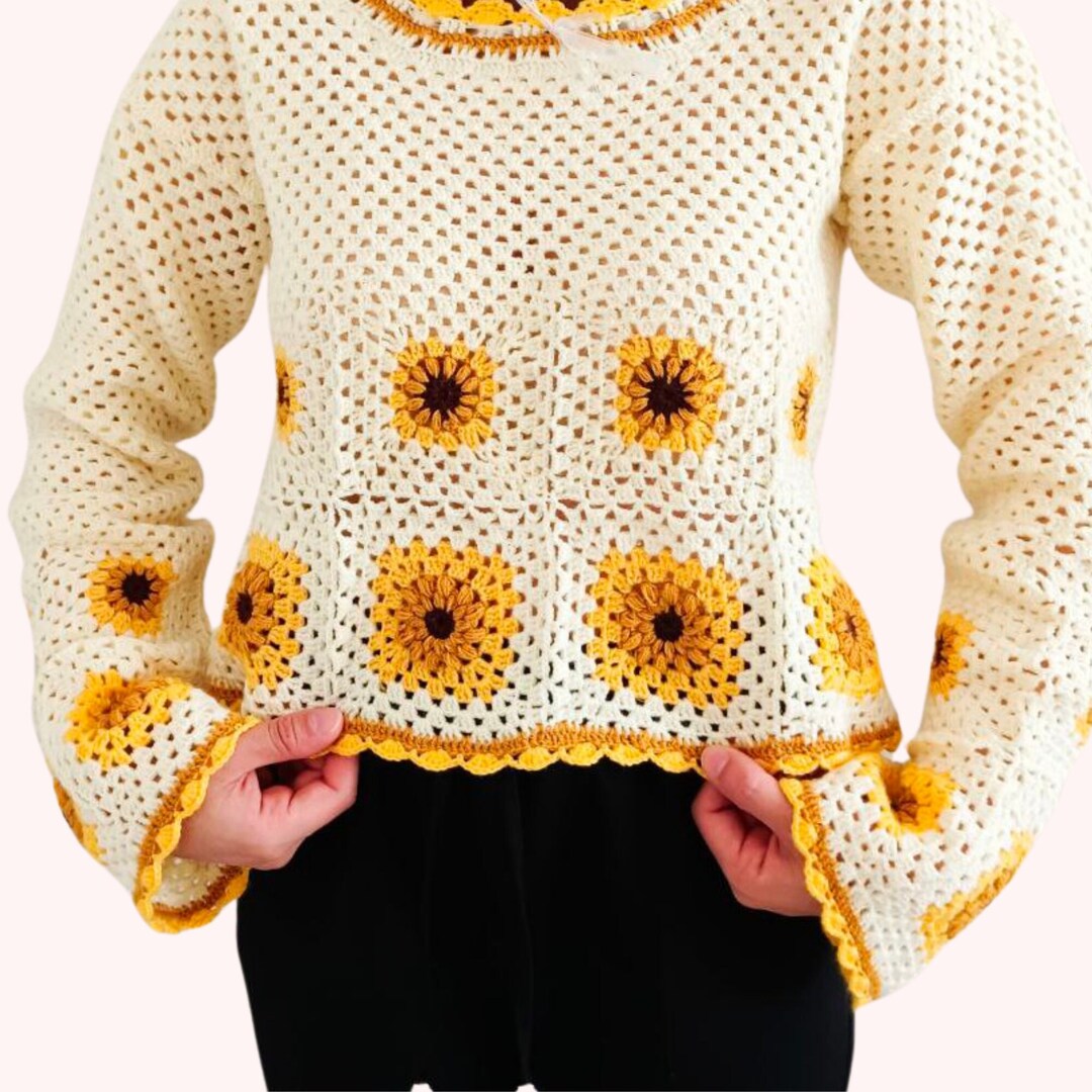 Sunflower Crochet Sweater I Handmade Sunflower Sweater I Cream ...
